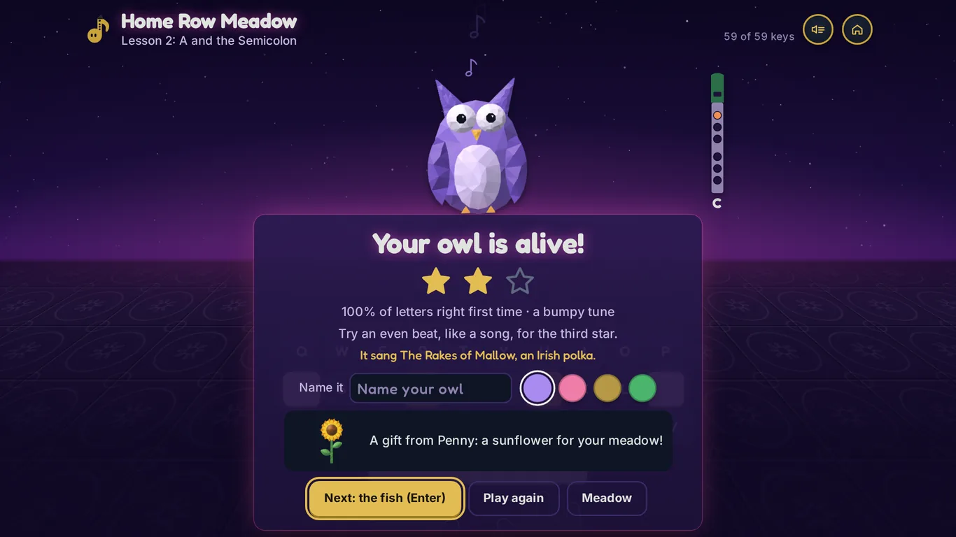 A purple low-poly owl comes alive above the card that says Your owl is alive, It sang The Rakes of Mallow, an Irish polka, with color swatches and Penny's gift of a pond.
