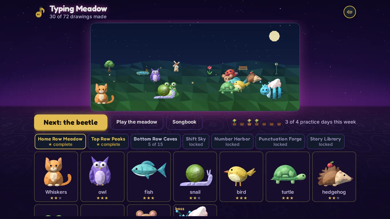 A grown meadow at night with a cat, an owl, a snail, a turtle, a frog and a bumblebee among a pond, a windmill and a bench, above the map of lessons.